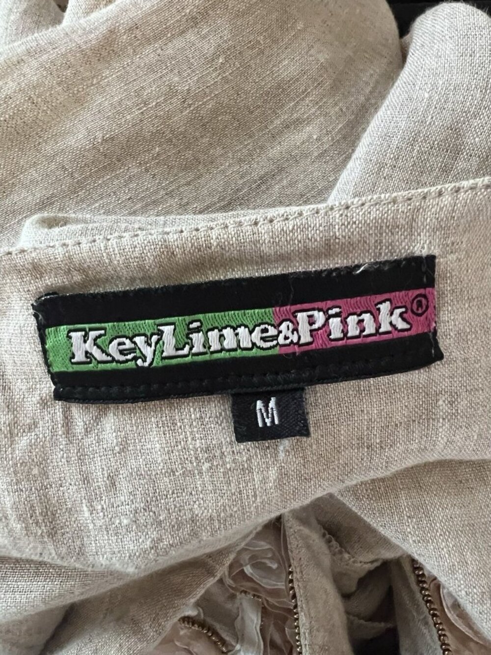 Key Lime & Pink Linen Tunic M Embellished Rosette Beaded Boho Top 3/4 Sleeve - Picture 10 of 11